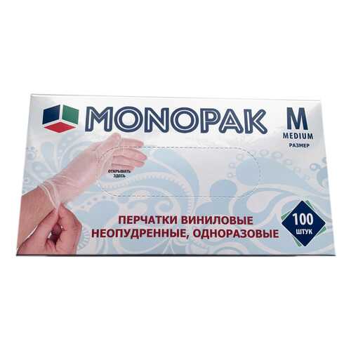 Перчатки Monopak виниловые неопудренные бесцветные M 100 шт 50 пар в Иголочка